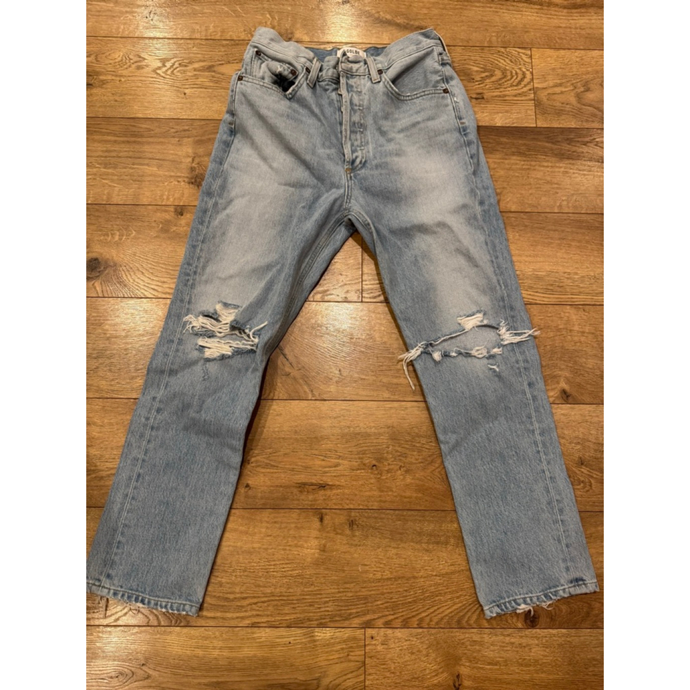 Women's AGOLDE Light Blue Distressed Riley High Rise Straight Crop Jeans 26